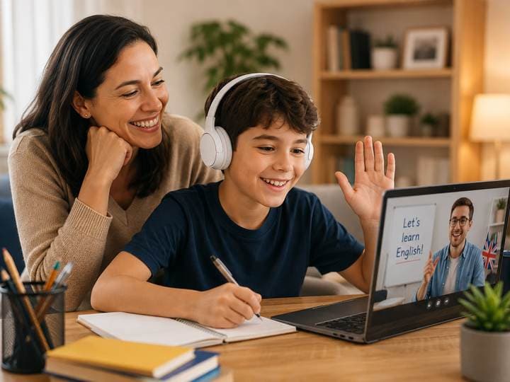 Criança e adolescente estudando idioma online